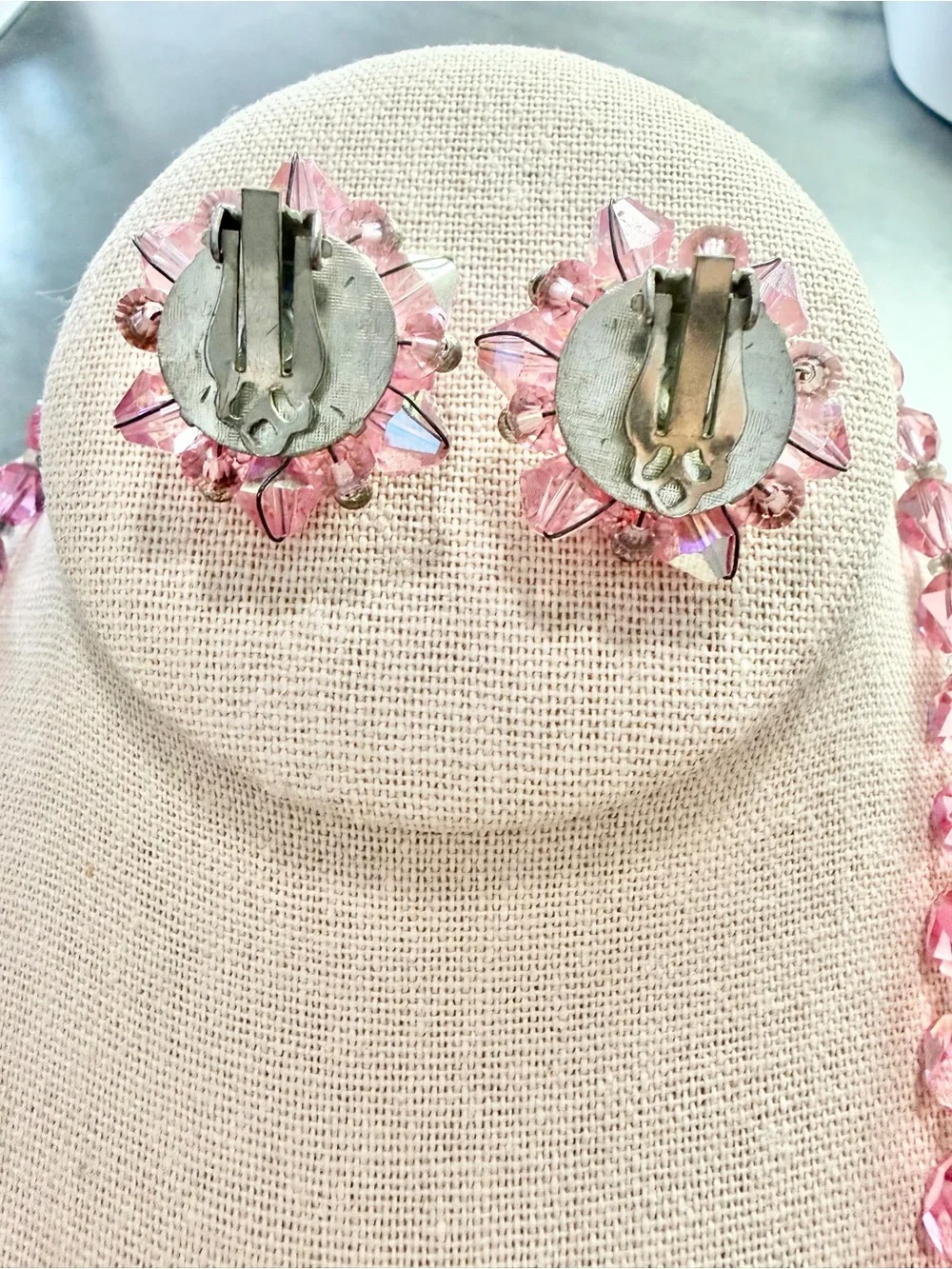 Vintage Pink Crystal Necklace And Clip On Earrings Set Aurora Borealis Faceted